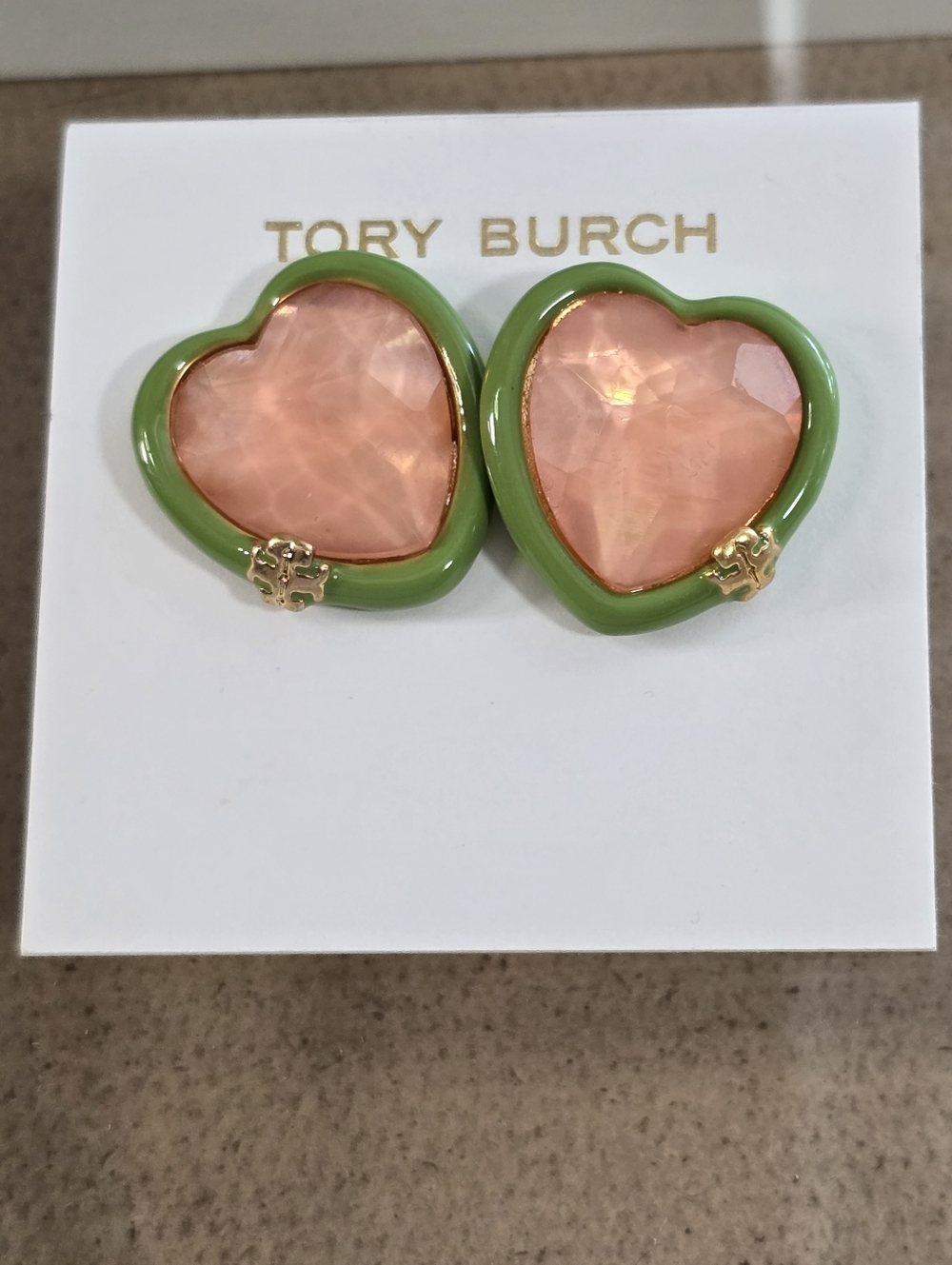 Tory Burch Green Enamel and Pink Faceted Heart Stud Earrings